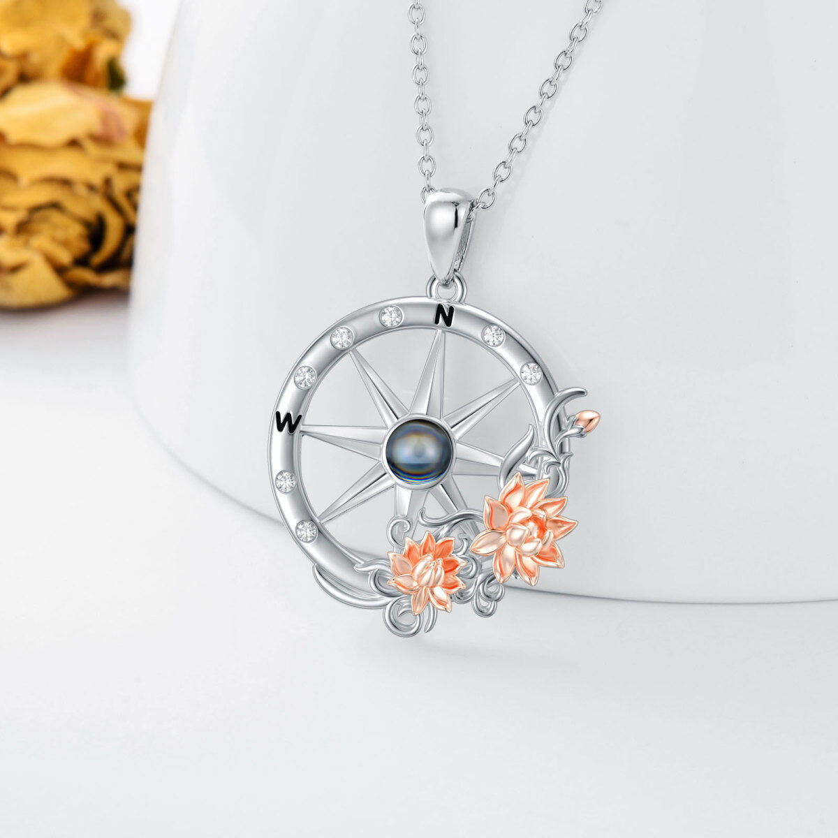 Sterling Silver Two-Tone Round Cubic Zirconia Projection Stone Lotus With Compass Pendant Necklace For Women-3