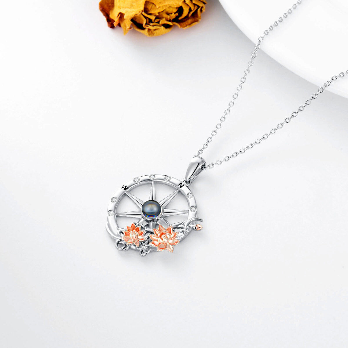 Sterling Silver Two-Tone Round Cubic Zirconia Projection Stone Lotus With Compass Pendant Necklace For Women-4