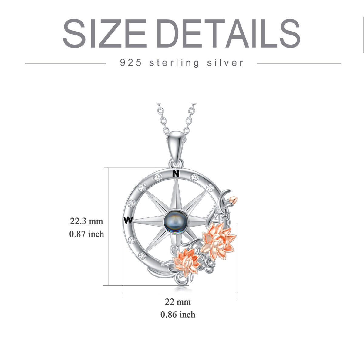 Sterling Silver Two-Tone Round Cubic Zirconia Projection Stone Lotus With Compass Pendant Necklace For Women-6