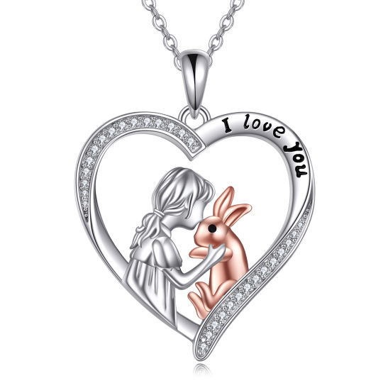 Collier en argent sterling avec pendentif lapin et coeur en zirconium cubique rond bicolor