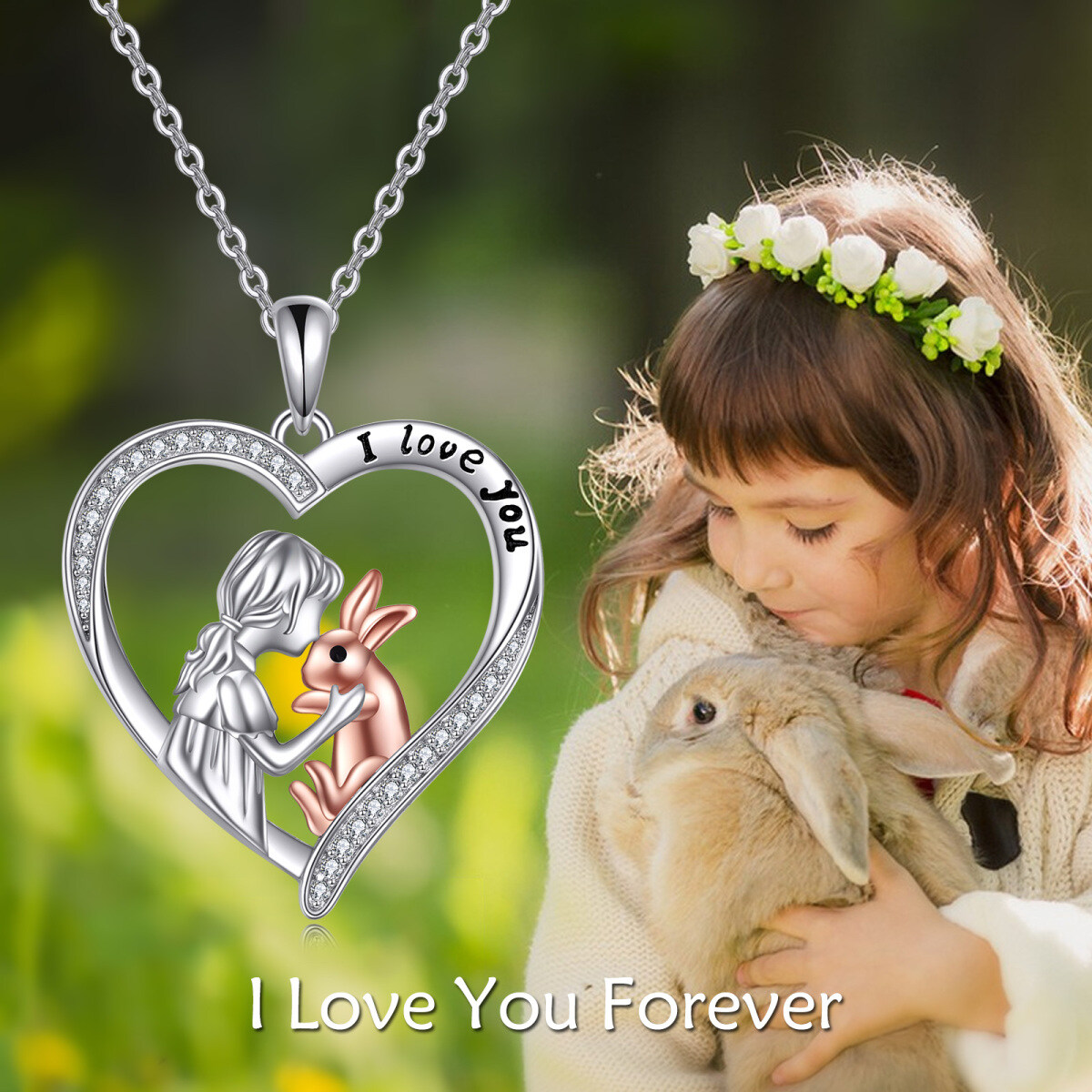 Sterling Silver Two-tone Round Cubic Zirconia Rabbit & Heart Pendant Necklace with Engraved Word-3