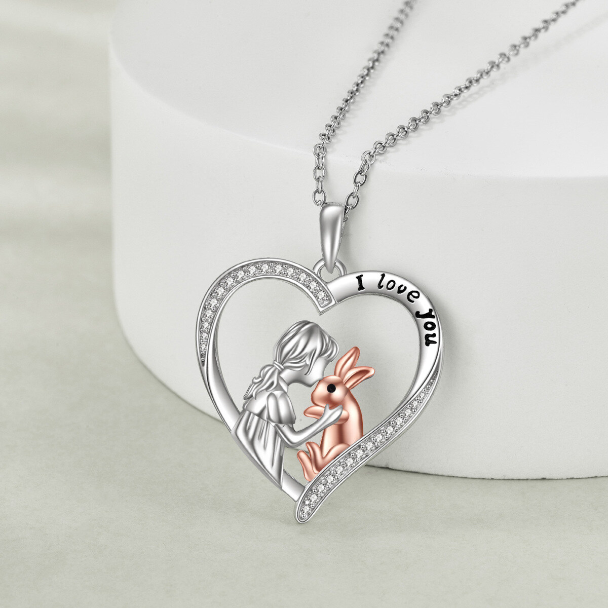 Sterling Silver Two-tone Round Cubic Zirconia Rabbit & Heart Pendant Necklace with Engraved Word-4