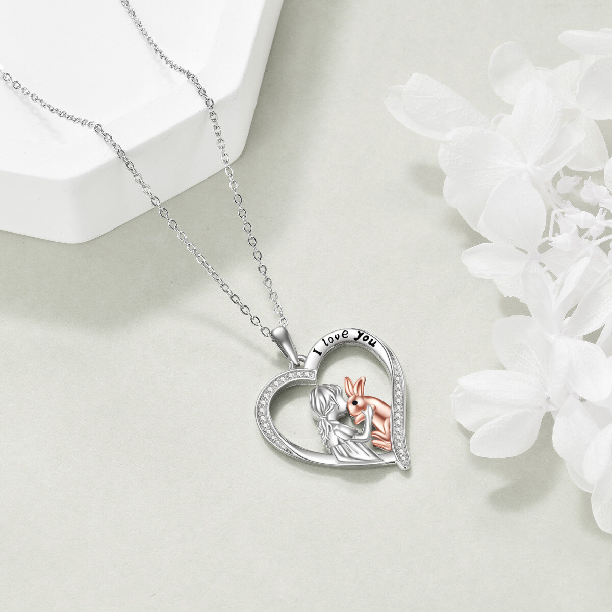 Sterling Silver Two-tone Round Cubic Zirconia Rabbit & Heart Pendant Necklace with Engraved Word-5