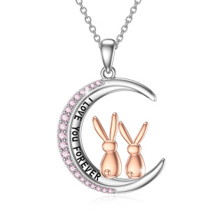 Sterling Silver Two-tone Round Cubic Zirconia Rabbit & Moon Pendant Necklace with Engraved Word-28