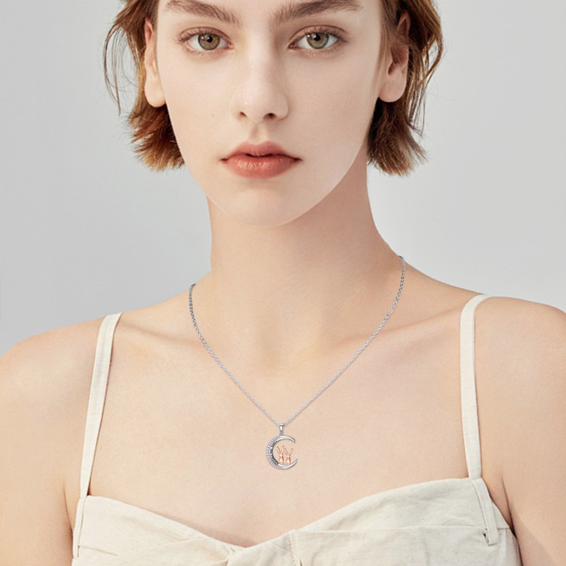 Sterling Silber zweifarbig rund Cubic Zirkonia Kaninchen & Mond Anhänger Halskette mit ein-3