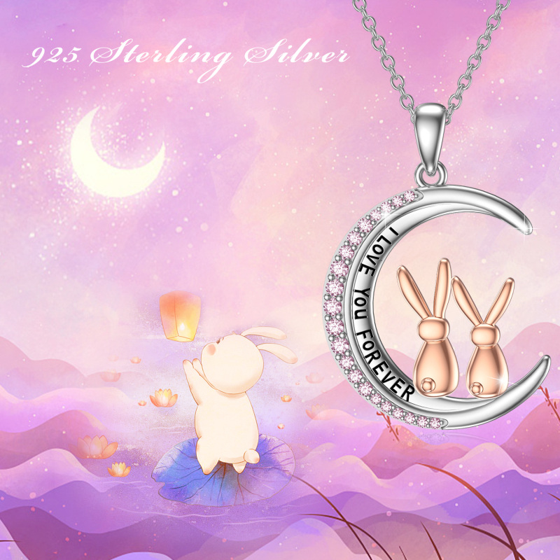 Sterling Silber zweifarbig rund Cubic Zirkonia Kaninchen & Mond Anhänger Halskette mit ein-4