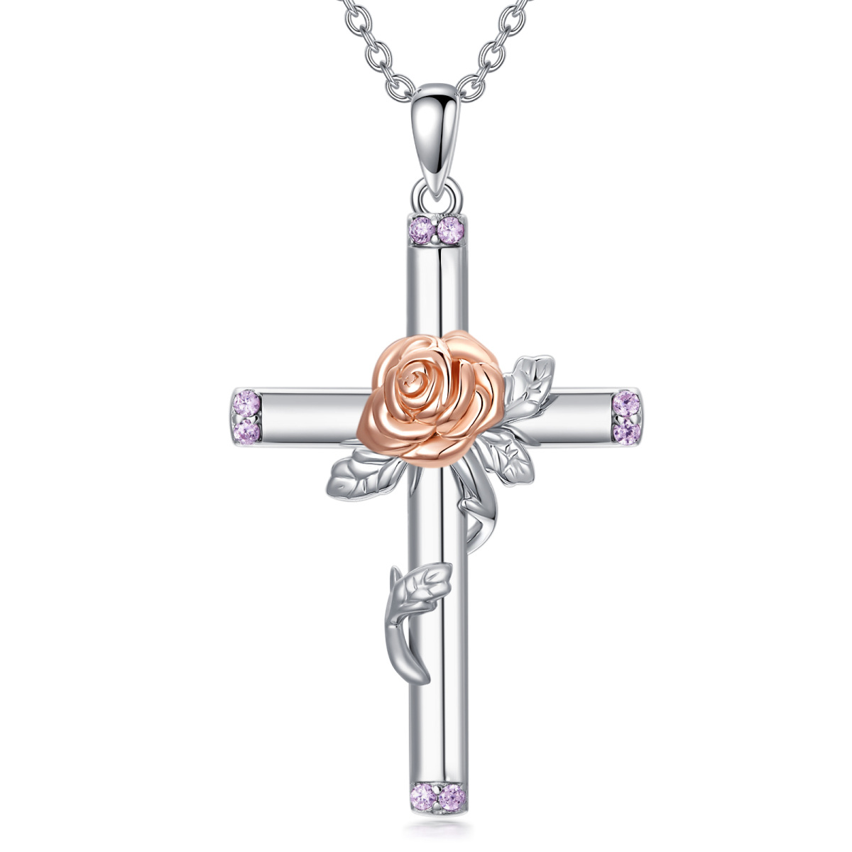 Collana con ciondolo a forma di rosa e croce in argento sterling bicolore con zirconia cubica rotonda-1