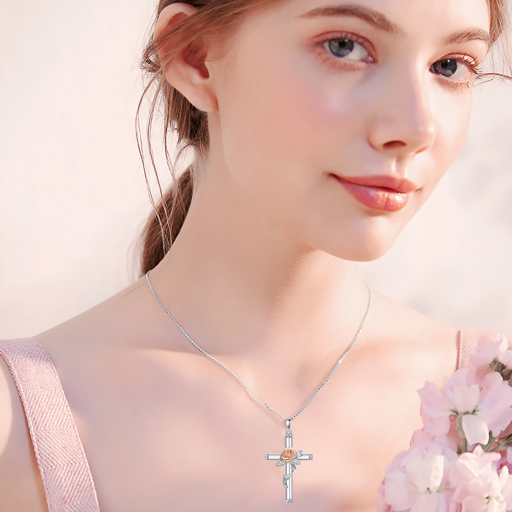 Sterling Silver Two-tone Round Cubic Zirconia Rose & Cross Pendant Necklace-2