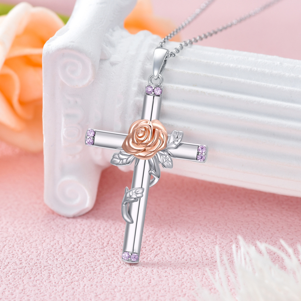 Sterling Silver Two-tone Round Cubic Zirconia Rose & Cross Pendant Necklace-3