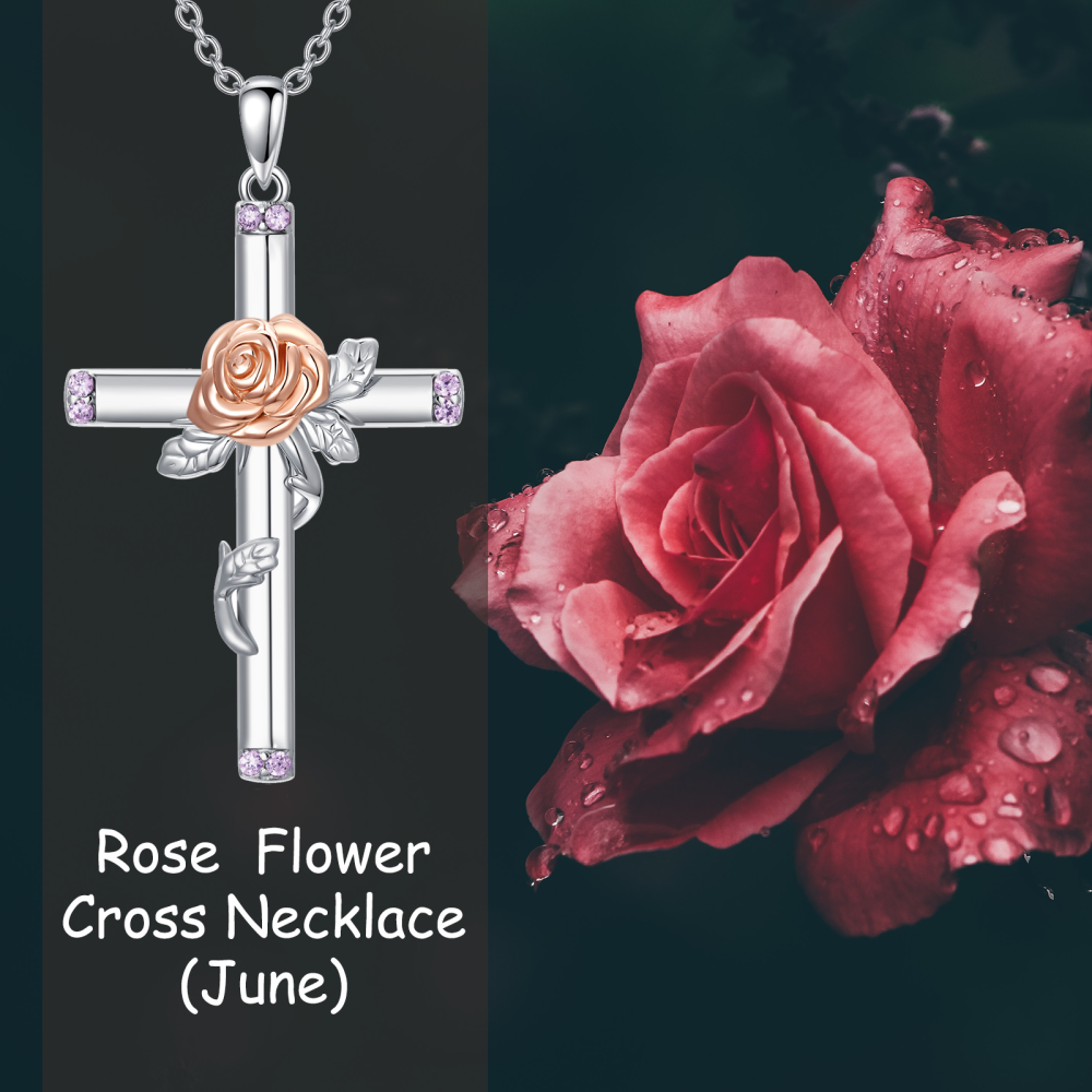 Sterling Silver Two-tone Round Cubic Zirconia Rose & Cross Pendant Necklace-4