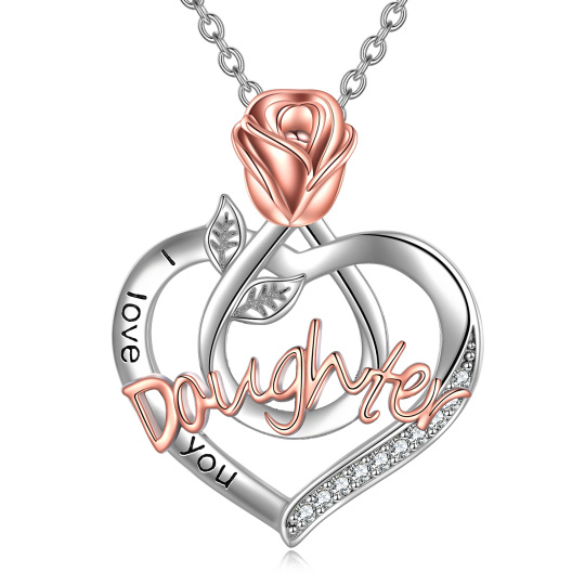 Sterling Silver Two-tone Round Cubic Zirconia Rose & Heart Pendant Necklace with Engraved Word