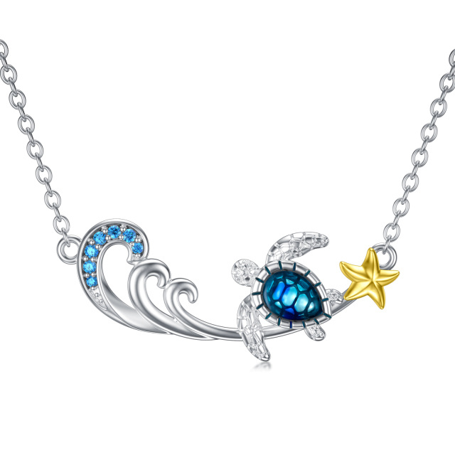 Sterling Silver Two-tone Round Cubic Zirconia Sea Turtle & Starfish & Spray Pendant Necklace