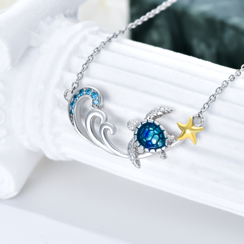 Collana da donna con pendente a forma di tartaruga marina e spray con zirconi rotondi bicolore in argento sterling con stella marina-4