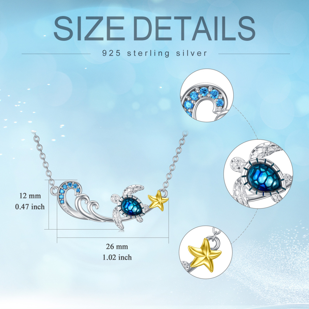 Sterling Silver Two-Tone Round Cubic Zirconia Sea Turtle & Spray With Starfish Pendant Necklace For Women-7