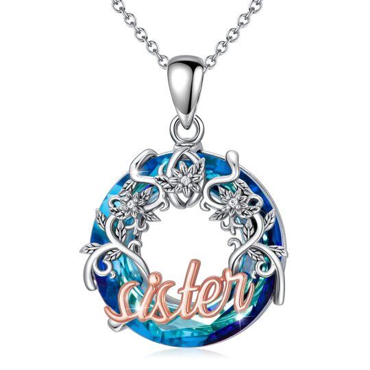 Sterling Silver Two-tone Round Sisters Crystal Pendant Necklace with Engraved Word