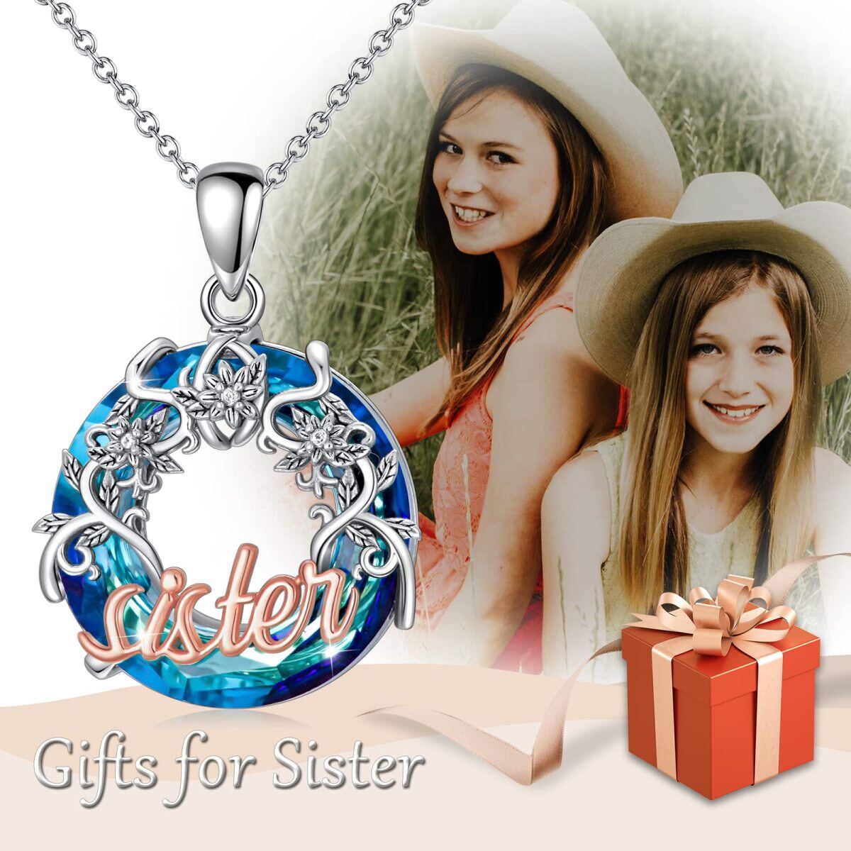 Sterling Silver Two-tone Round Sisters Crystal Pendant Necklace with Engraved Word-3