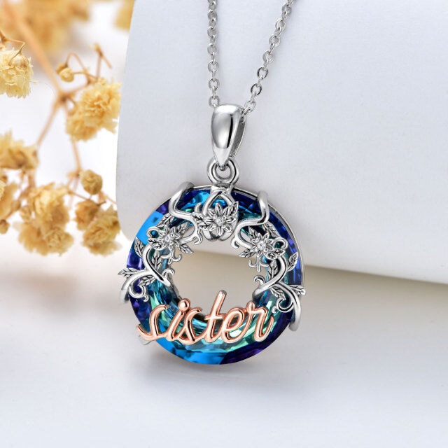 Sterling Silver Two-tone Round Sisters Crystal Pendant Necklace with Engraved Word-4