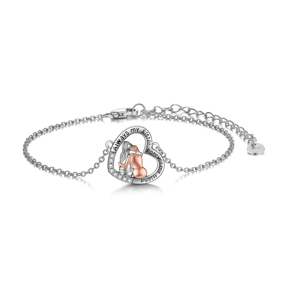 Sterling Silver Two-tone Round Cubic Zirconia Sisters & Heart Charm Bracelet with Engraved Word-1