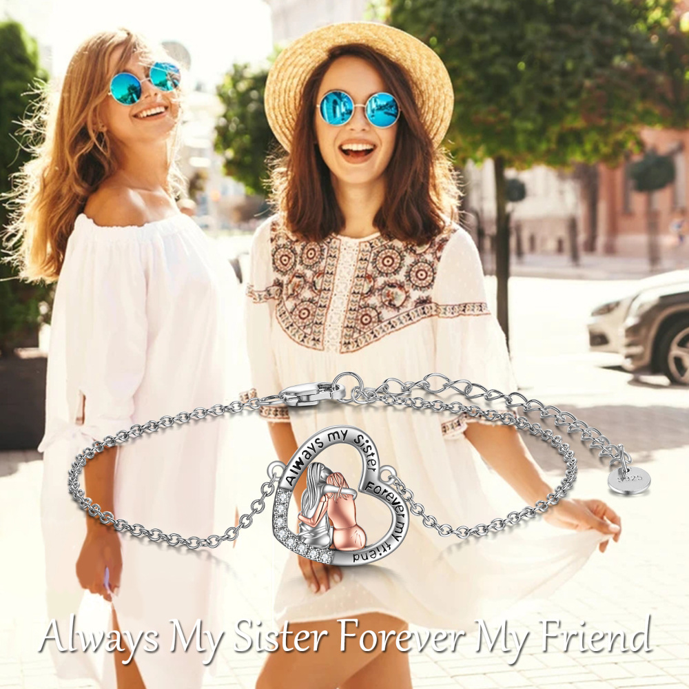 Sterling Silver Two-tone Round Cubic Zirconia Sisters & Heart Charm Bracelet with Engraved Word-3