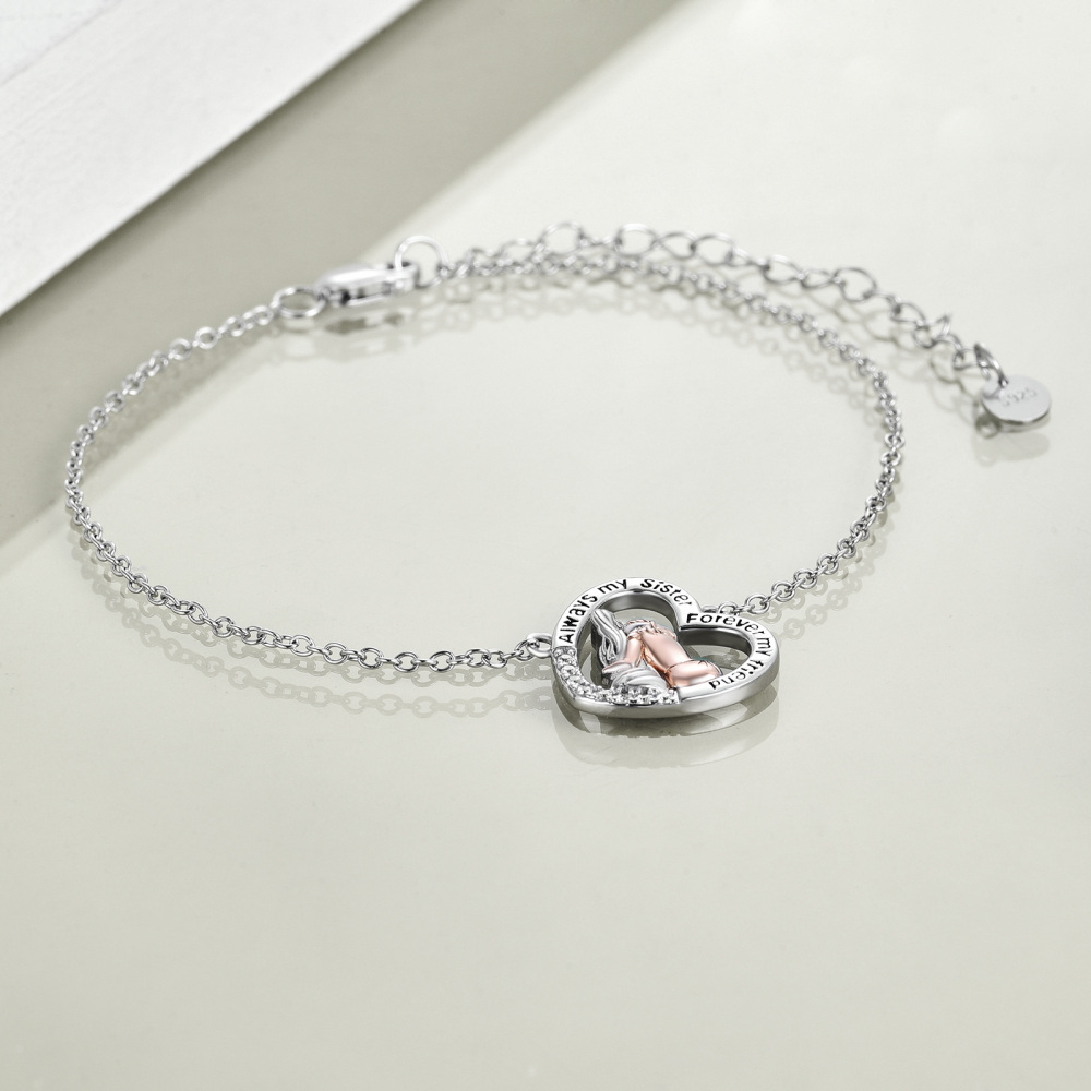 Sterling Silver Two-tone Round Cubic Zirconia Sisters & Heart Charm Bracelet with Engraved Word-4