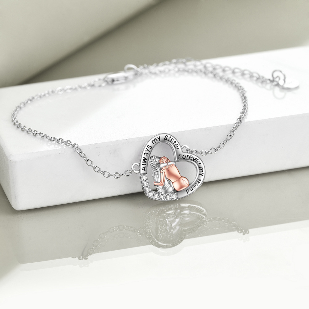 Sterling Silver Two-tone Round Cubic Zirconia Sisters & Heart Charm Bracelet with Engraved Word-5