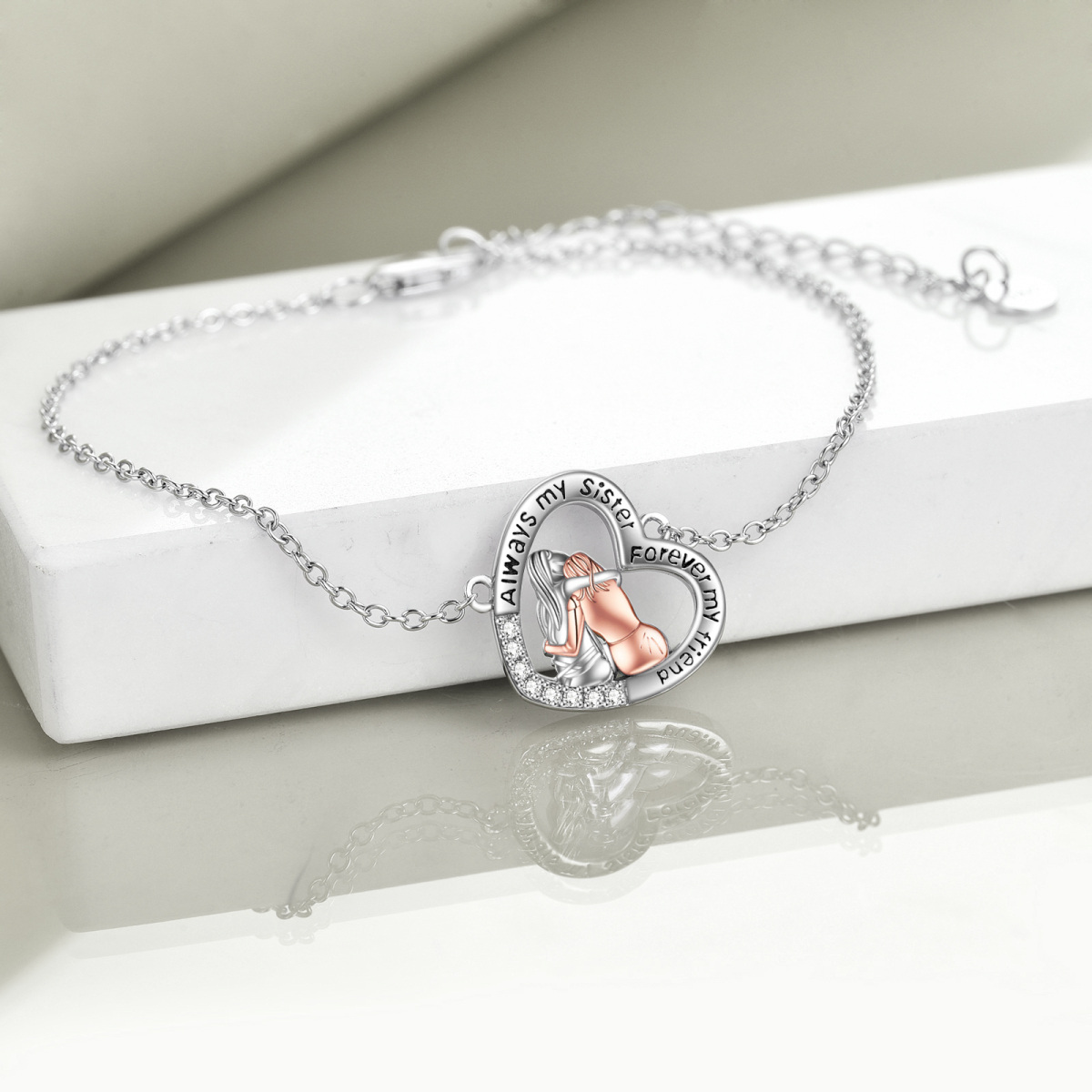 Sterling Silver Two-tone Round Cubic Zirconia Sisters & Heart Pendant Bracelet with Engraved Word-5