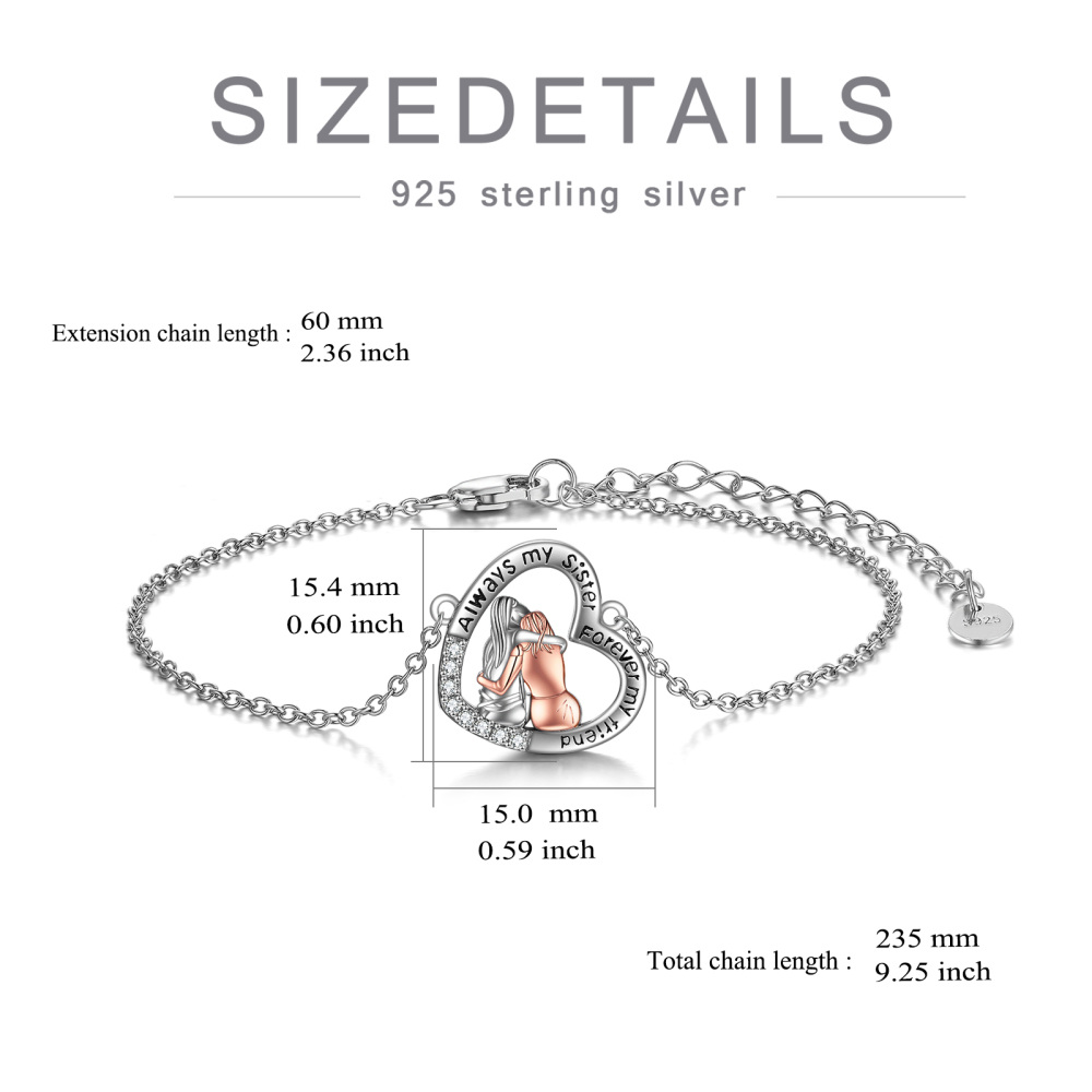 Sterling Silver Two-tone Round Cubic Zirconia Sisters & Heart Charm Bracelet with Engraved Word-6