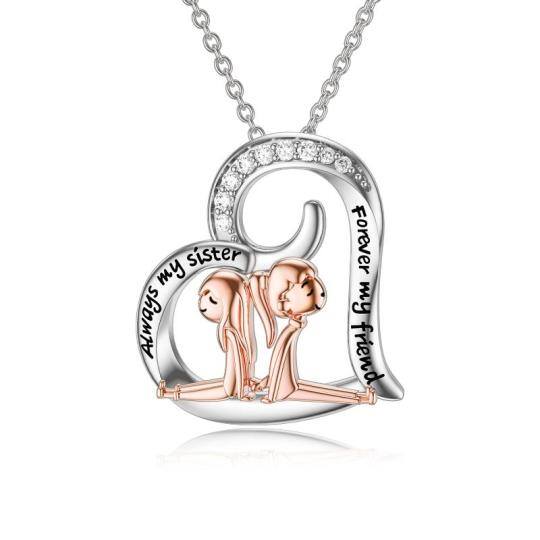 Sterling zilveren tweekleurige ronde zirconia zusters & hart hanger ketting met gegraveerd woord