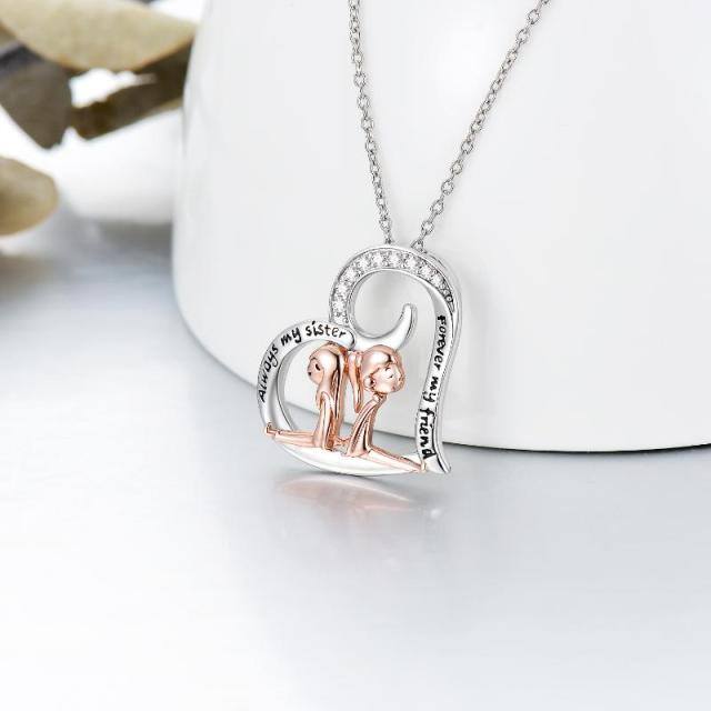 Sterling Silver Two-tone Round Cubic Zirconia Sisters & Heart Pendant Necklace with Engraved Word-3