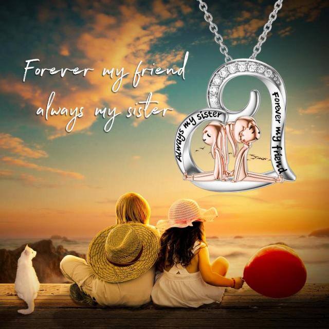 Sterling Silver Two-tone Round Cubic Zirconia Sisters & Heart Pendant Necklace with Engraved Word-5