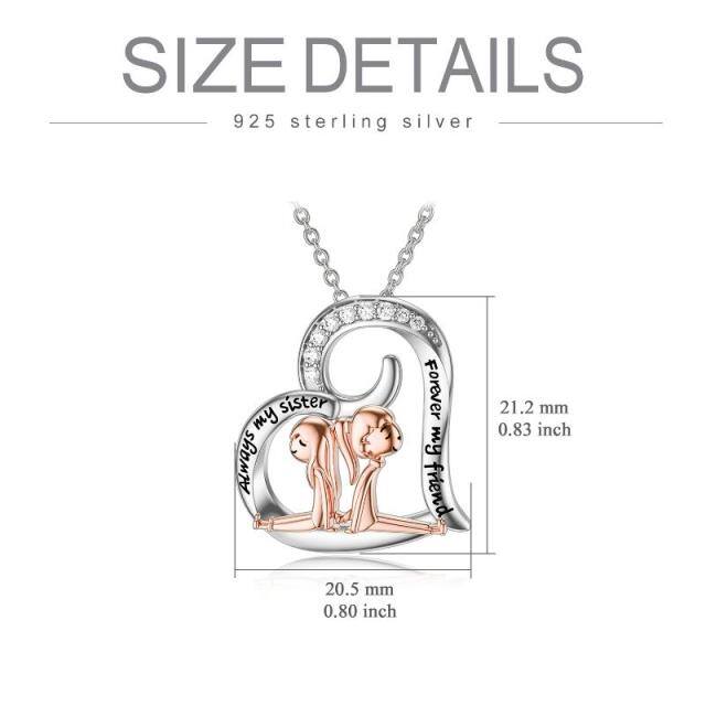 Sterling Silver Two-tone Round Cubic Zirconia Sisters & Heart Pendant Necklace with Engraved Word-6