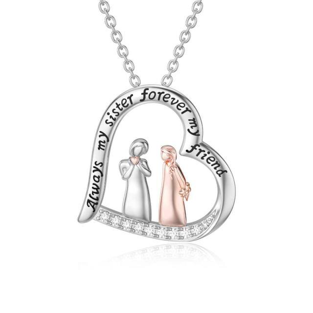 Sterling Silver Two-tone Round Sisters Pendant Necklace with Engraved Word-1