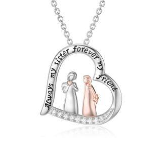 Sterling Silver Two-tone Round Sisters Pendant Necklace with Engraved Word-50