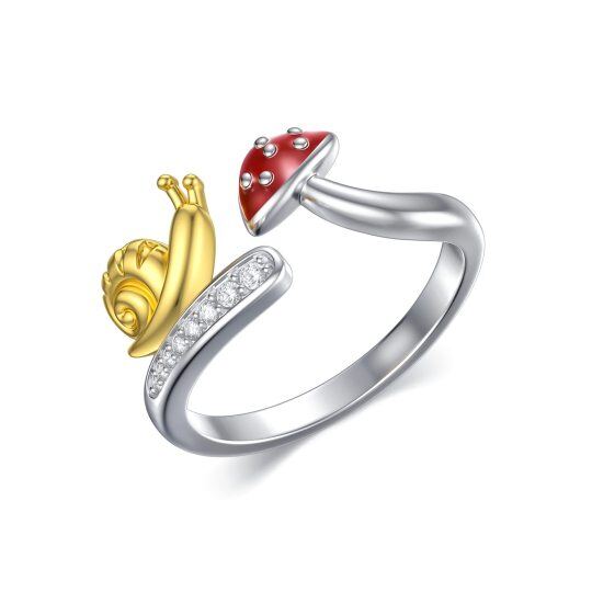 Bague ouverte en argent sterling bicolore avec oxyde de zirconium cubique rond en forme d'escargot et de champignon