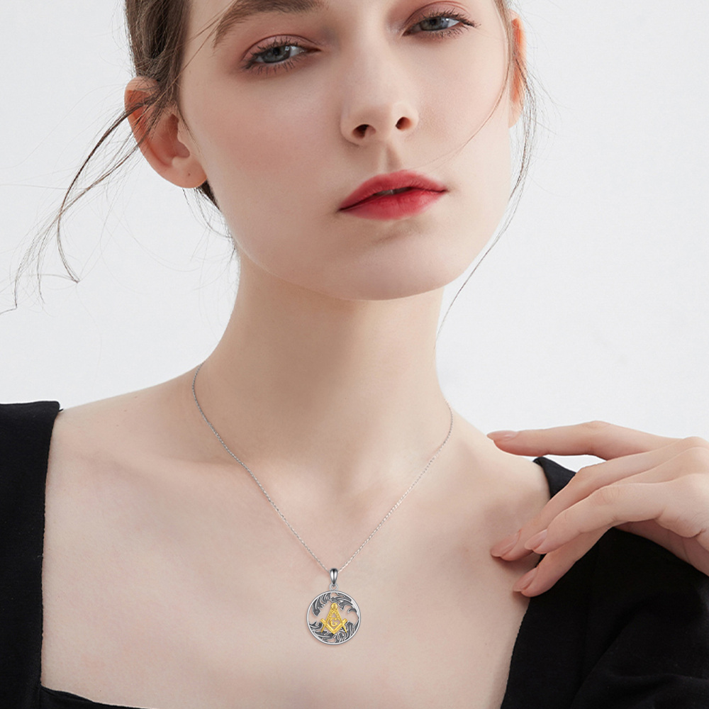 Sterling Silver Two-tone Round & Spray Pendant Necklace-3