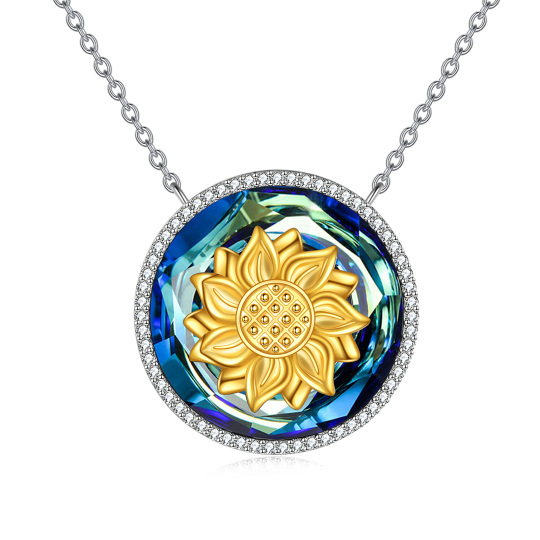 Sterling Silver Two-tone Round Sunflower Crystal Pendant Necklace