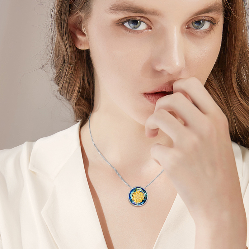 Sterling Silver Two-tone Round Sunflower Crystal Pendant Necklace-2