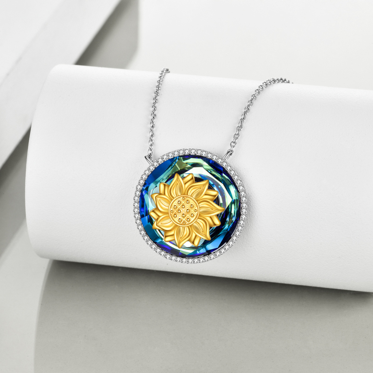 Sterling Silver Two-tone Round Sunflower Crystal Pendant Necklace-3