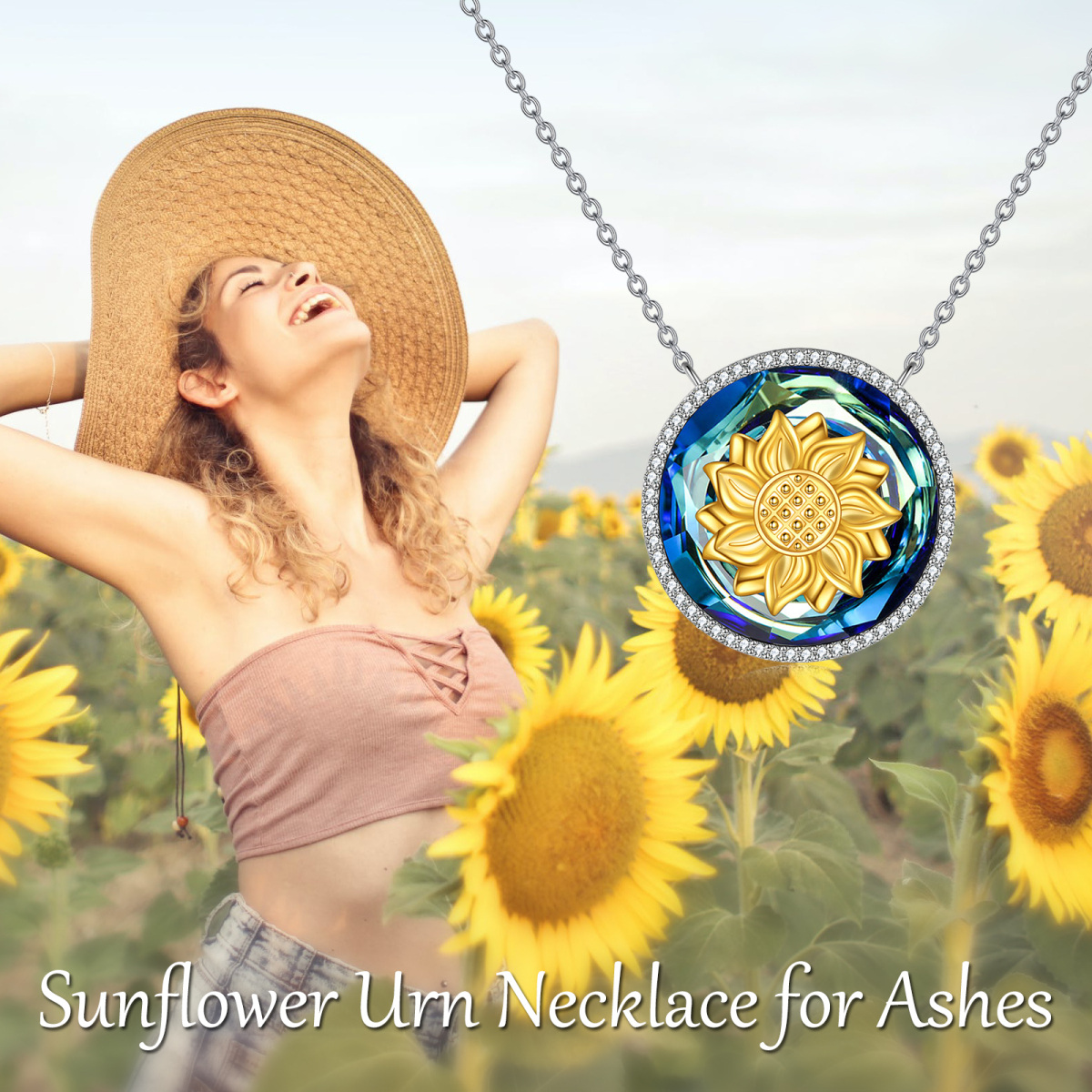 Sterling Silver Two-tone Round Sunflower Crystal Pendant Necklace-5