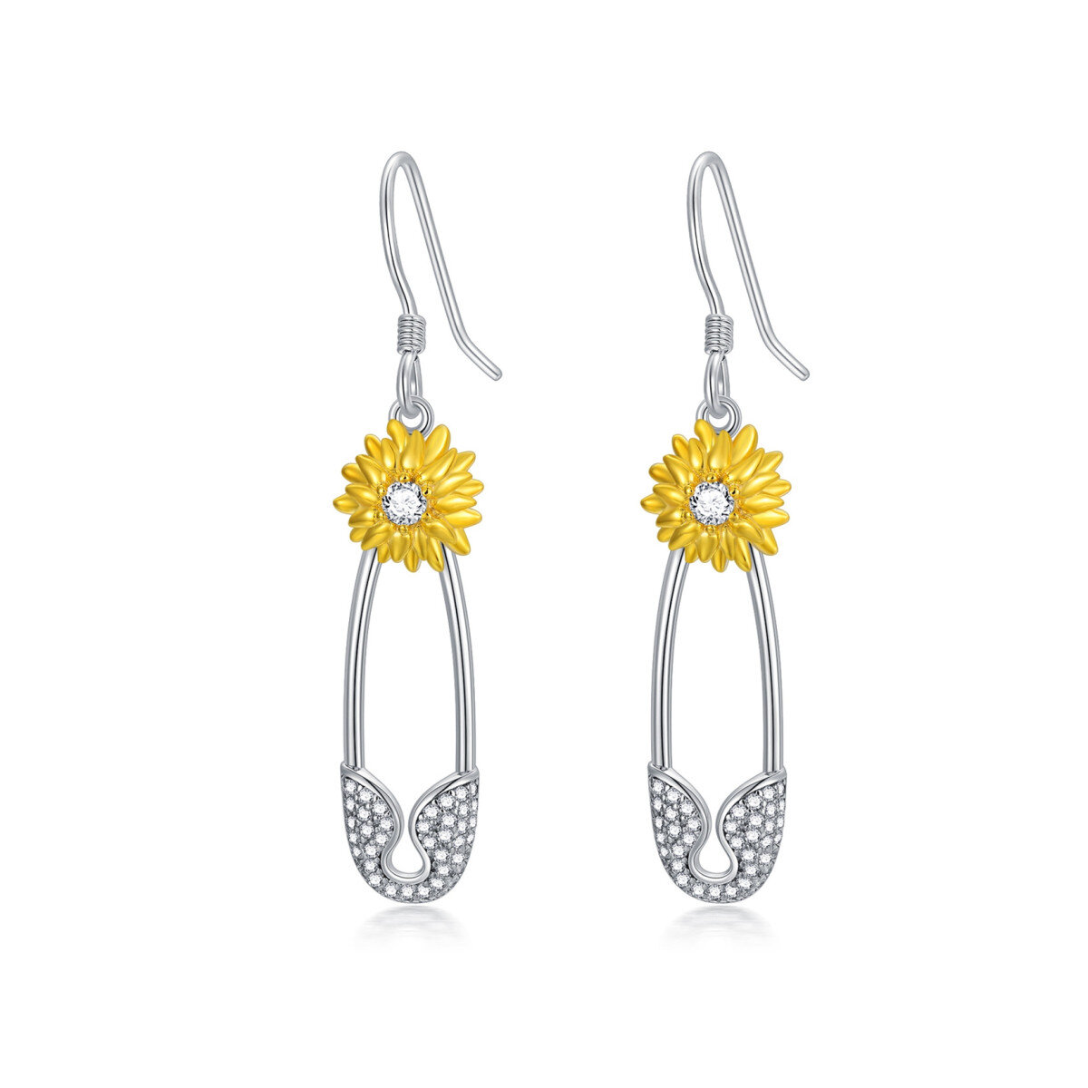 Sterling Silver Two-tone Round Sunflower Drop Earrings-1