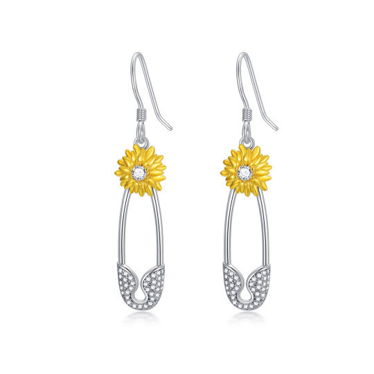 Sterling Silver Two-tone Round Sunflower Drop Earrings