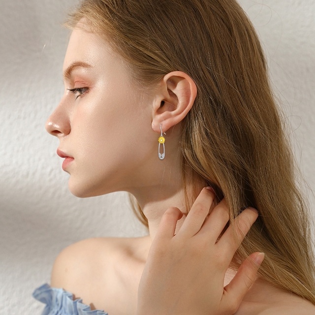 Sterling Silver Two-tone Round Sunflower Drop Earrings-2