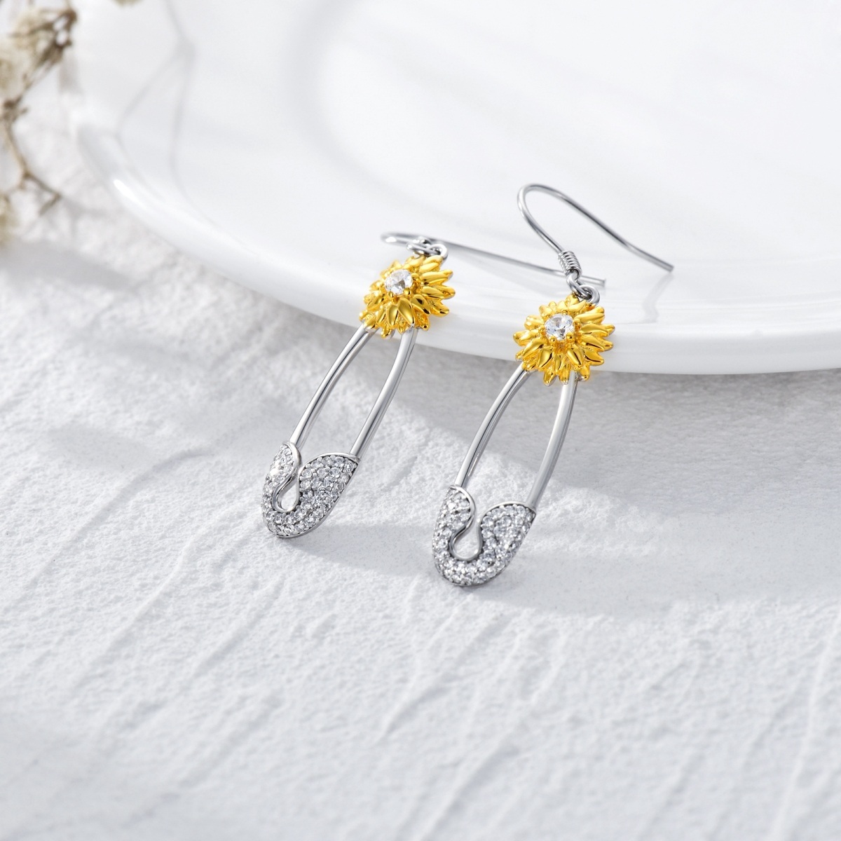 Sterling Silver Two-tone Round Sunflower Drop Earrings-3