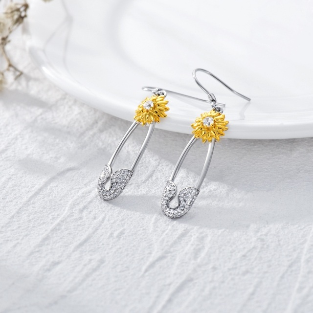 Sterling Silver Two-tone Round Sunflower Drop Earrings-3