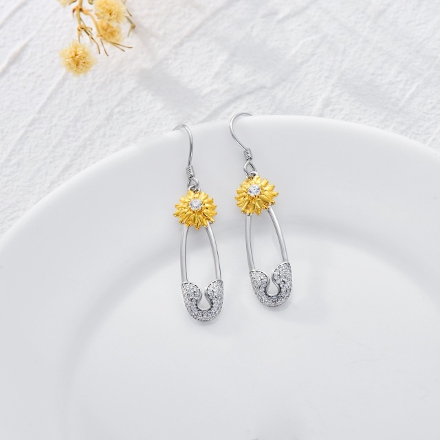 Sterling Silver Two-tone Round Sunflower Drop Earrings-4