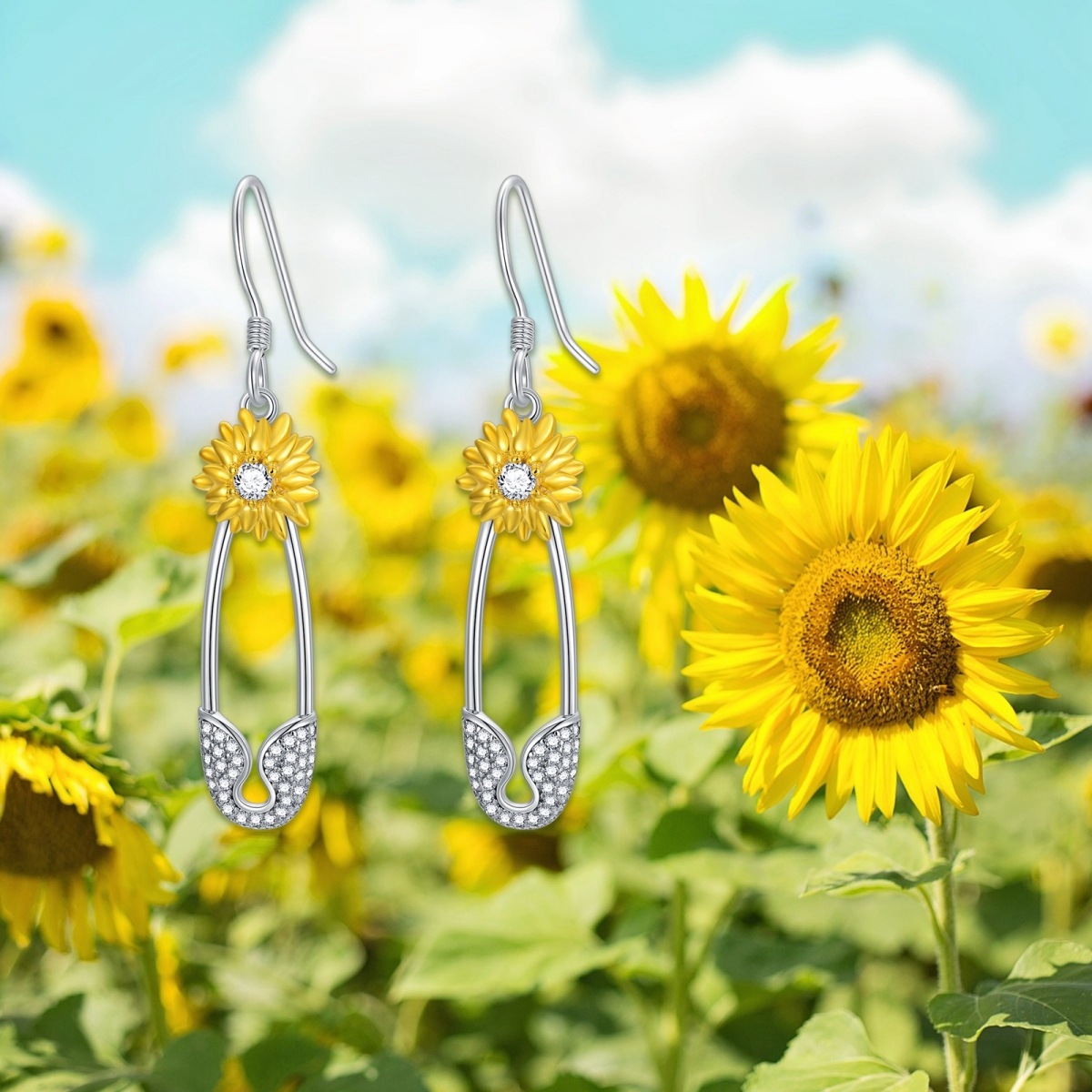 Boucles d'oreilles pendantes rondes tournesol bicolores en argent sterling-6