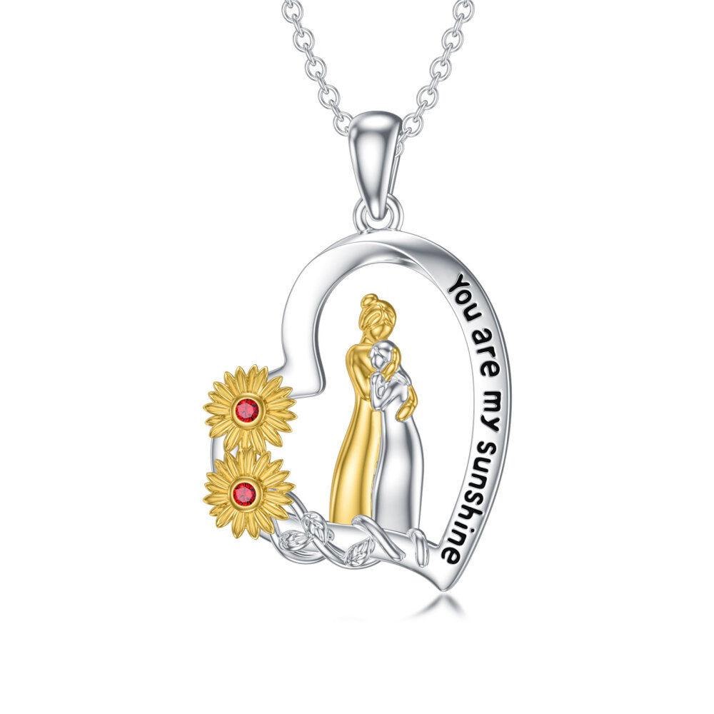 Sterling zilveren tweekleurige ronde cubic zirconia zonnebloem moeder & dochter hart hanger ketting met gegraveerd woord-1