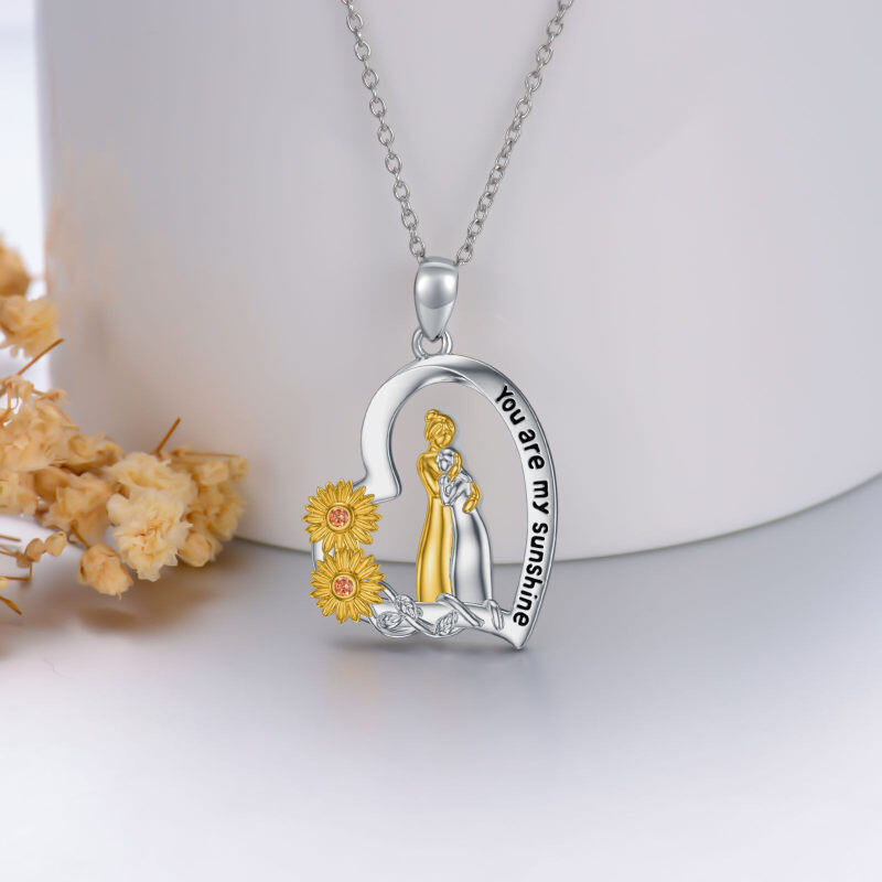 Sterling Silver Two-tone Round Cubic Zirconia Sunflower Mother & Daughter Heart Pendant Necklace with Engraved Word-3