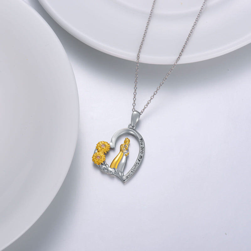 Sterling Silver Two-tone Round Cubic Zirconia Sunflower Mother & Daughter Heart Pendant Necklace with Engraved Word-4