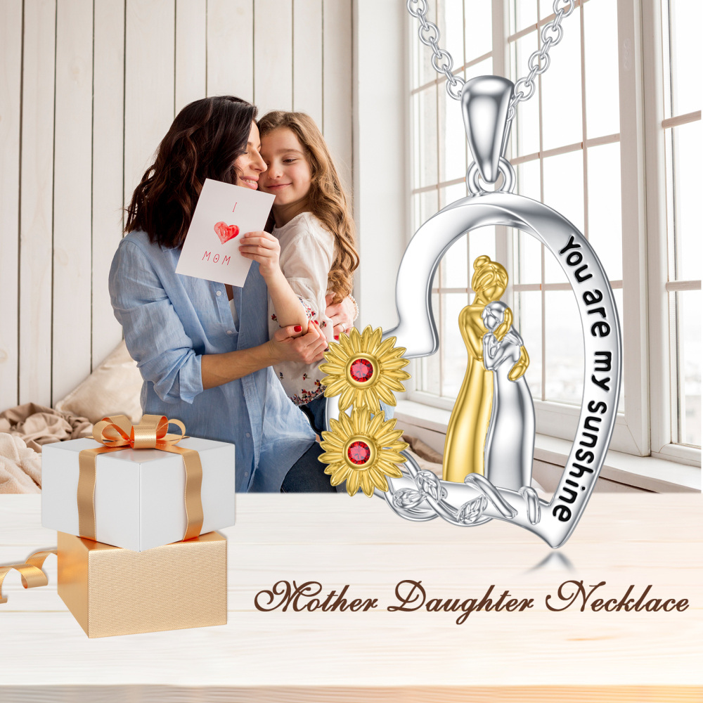 Sterling zilveren tweekleurige ronde cubic zirconia zonnebloem moeder & dochter hart hanger ketting met gegraveerd woord-5